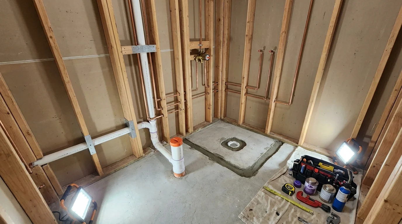 Bathroom rough-in plumbing during remodel by Johns Plumbing LLC in Nashotah