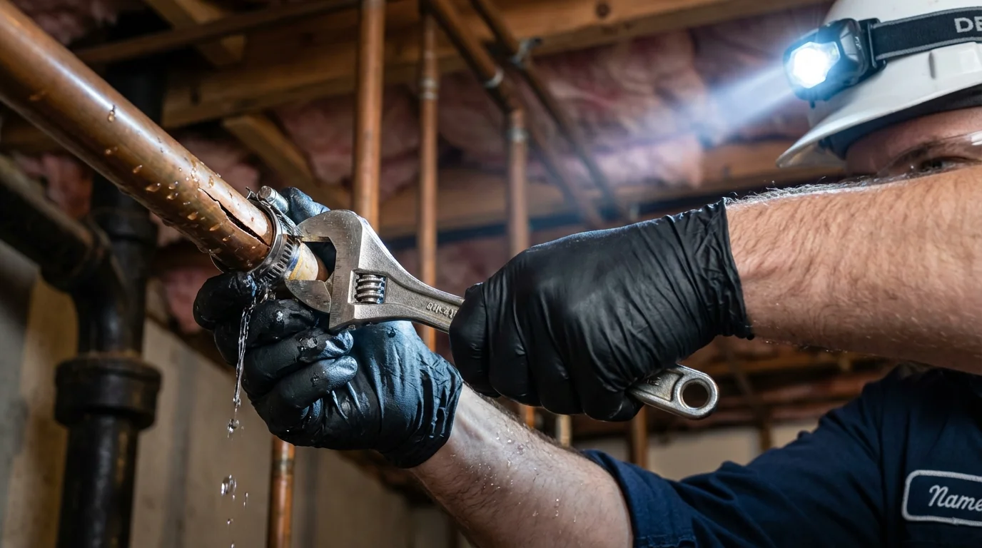 Emergency pipe clamp repair being performed by a Johns Plumbing LLC plumber in Nashotah