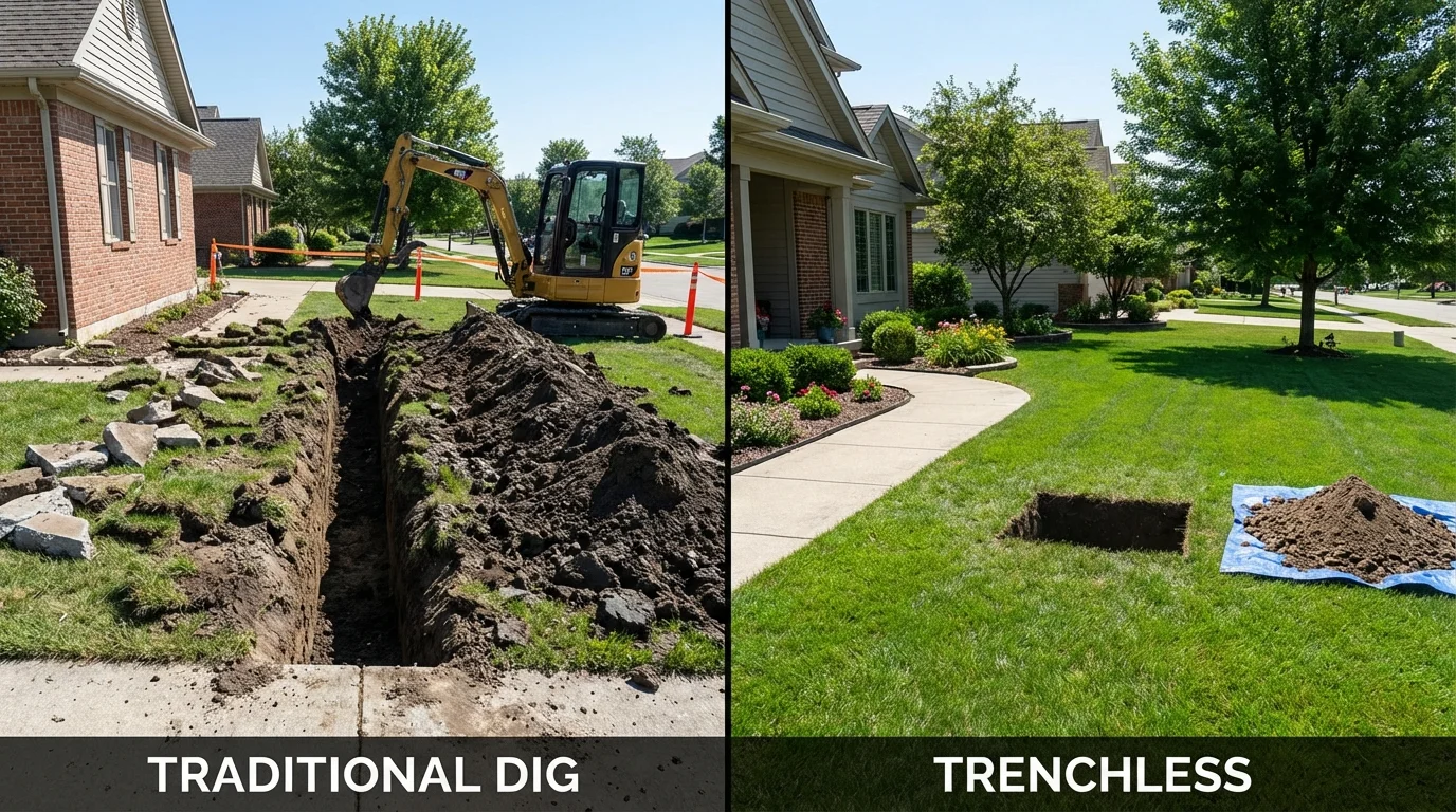 Trenchless sewer repair with minimal yard damage versus traditional excavation in Nashotah, WI