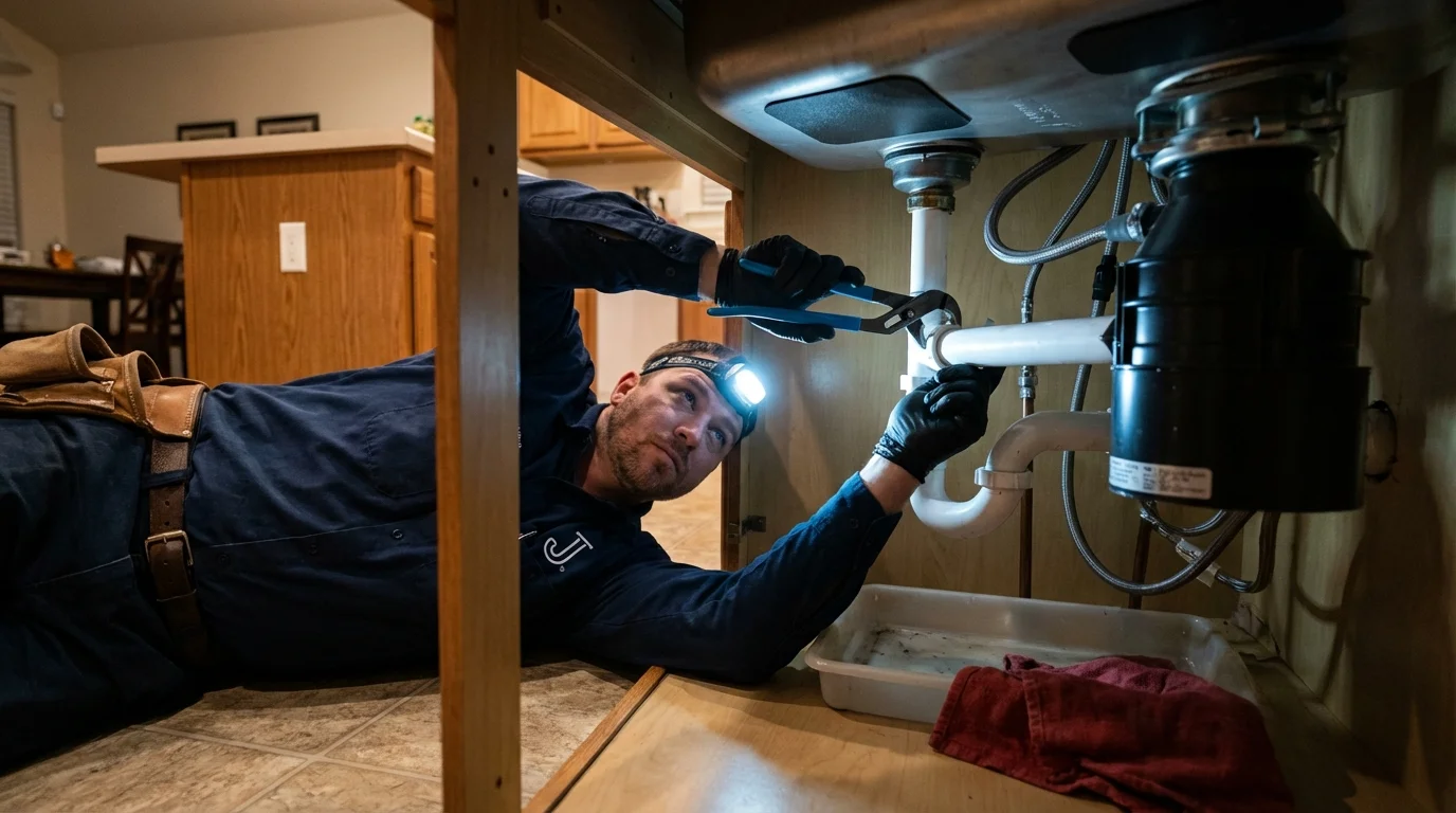 P-trap and supply line connections under a kitchen sink showing a common leak point in Nashotah, WI